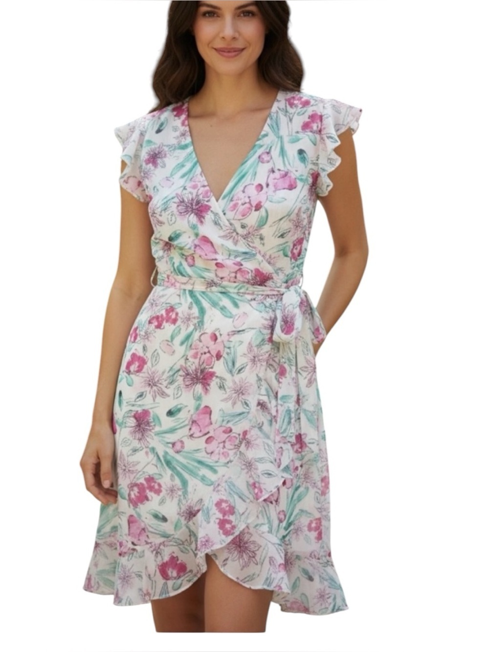 A.n.d. Sz XXL Floral Wrap Dress Lined Lightweight Hi-Low Hem Floral Design | EUC